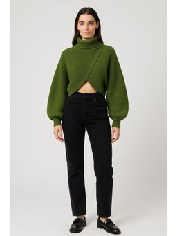 Cider - High Neck Solid Knitted Long Sleeve Crop Sweater