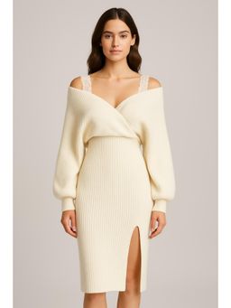 Cider - Knit Off-Shoulder Wrap Lace Split Midi Dress
