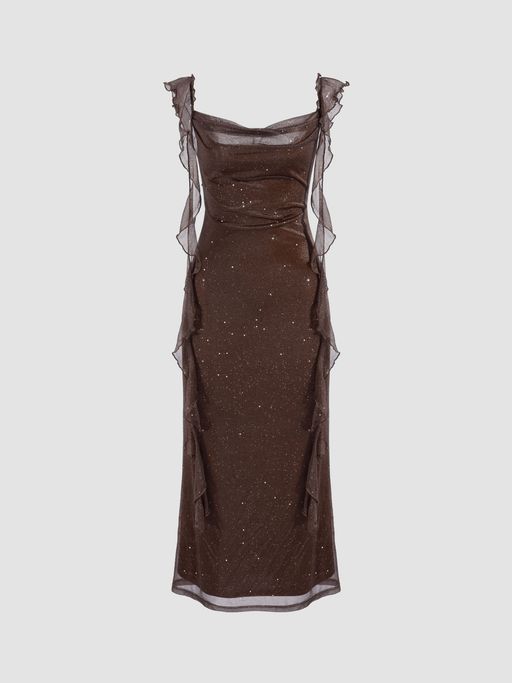 cider cowl neck solid glitter ruffle hem maxi dress Buy Cider Cowl Neck Solid Glitter Ruffle Hem Maxi Dress (XXS) Online