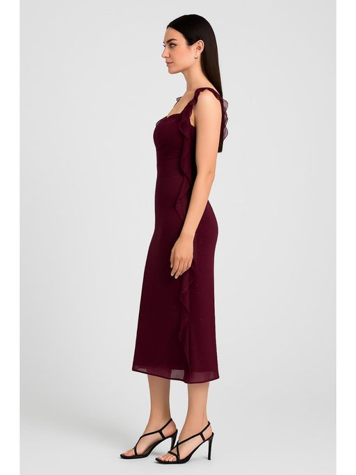 Buy Cider Cowl Neck Solid Glitter Ruffle Hem Maxi Dress (S) Online