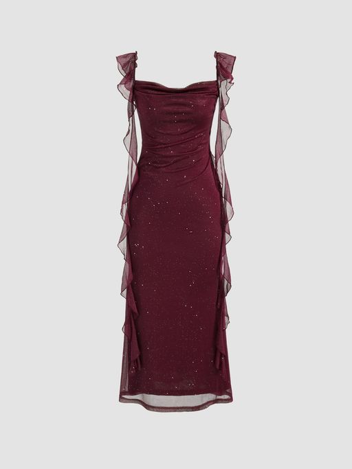 Buy Cider Cowl Neck Solid Glitter Ruffle Hem Maxi Dress (S) Online