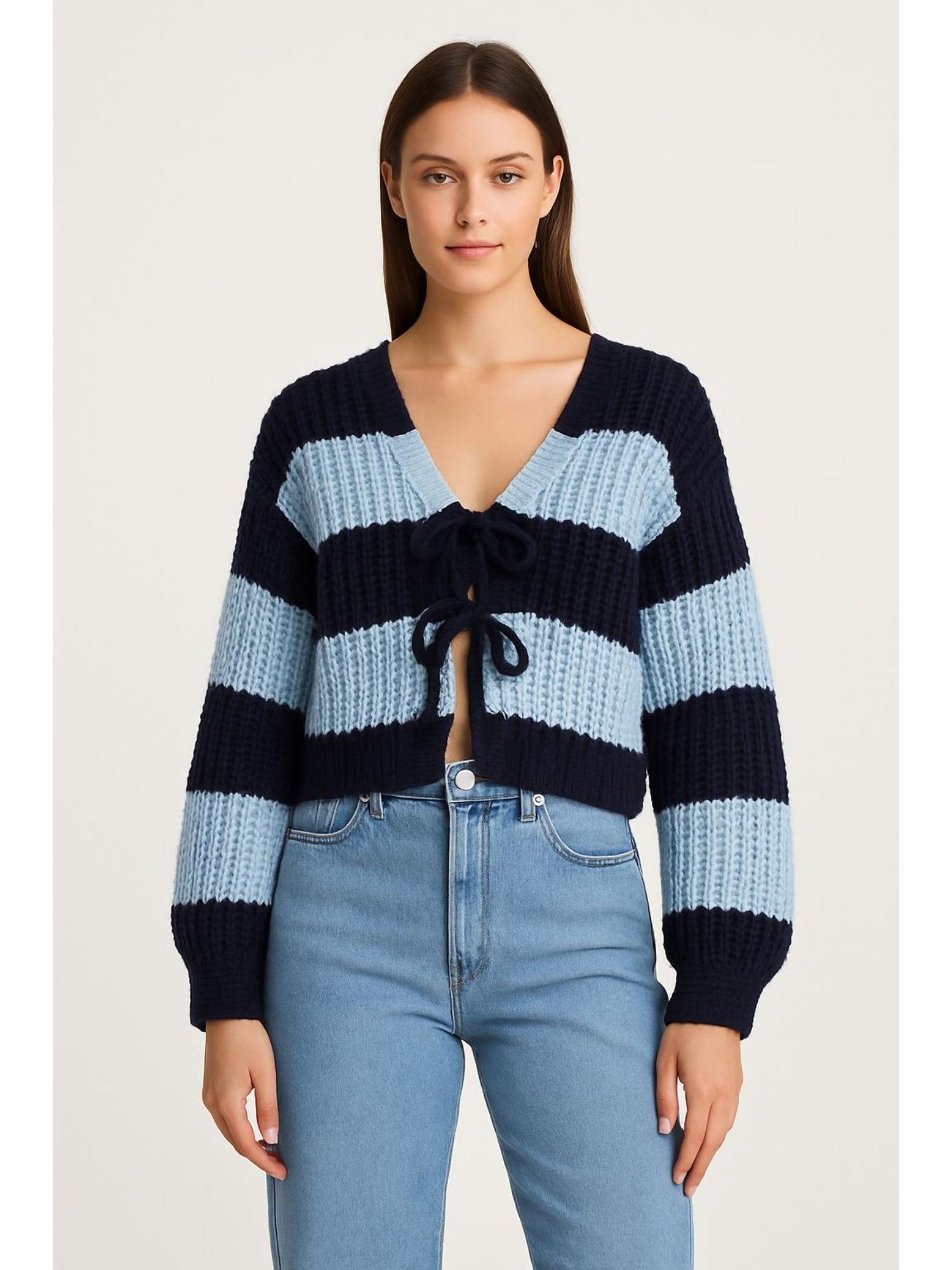 cider Knit V-neck Striped Tie Front Cardigan-picture-12