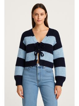 Cider - Knit V-neck Striped Tie Front Cardigan