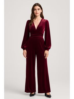 Cider - Velvet V-neck Solid Ruched Pocket Wide Leg Jumpsuit