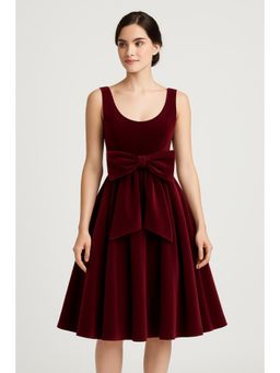 Cider - Velvet Boat Neck Bowknot Backless Midi Dress