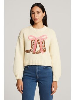 Cider - Knit Round Neckline Boots Bowknot Oversized Long Sleeve Top