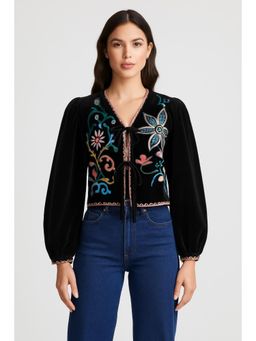 Cider - Velvet V-neck Floral Embroidery Tie Front Jacket