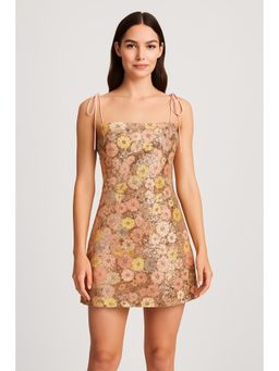 Cider - Sequin Square Neck Floral Knotted Mini Dress