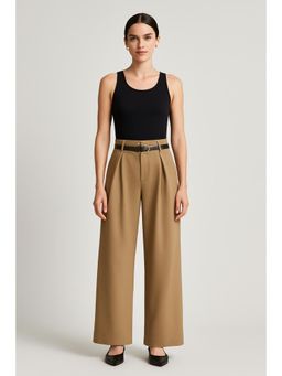Cider - Mid Rise Solid Pleated Pocket Wide Leg Trousers With Belt