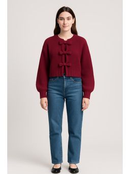 Cider - Knit Round Neckline Solid Tie Front Cardigan Curve & Plus