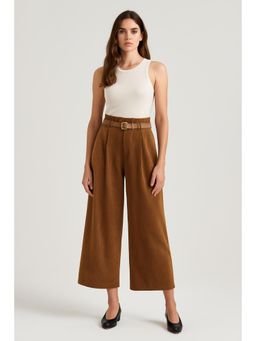 Cider - Corduroy High Rise Solid Pleated Wide Leg Trousers With Belt