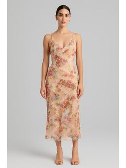 Cider - Mesh V-neck Floral Lettuce Trim Midi Dress