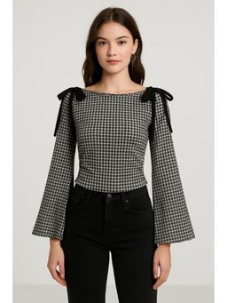 Cider - Boat Neck Gingham Bowknot Ruched Long Sleeve Top