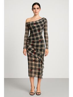 Cider - Mesh Asymmetrical Neck Floral Checks Ruffle Hem Maxi Dress