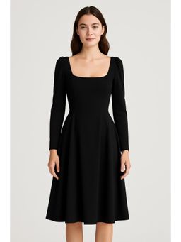 Cider - Square Neck Solid Ruffle Zipper Long Sleeve Midi Dress