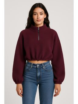 Cider - Fleece High Neck Solid Drawstring Zipper Sweatshirt