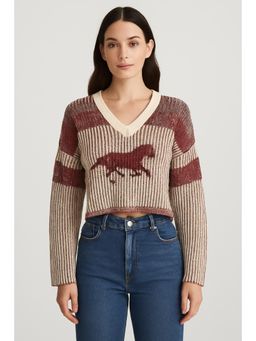 Cider - Knitted V-neck Horse Stripe Long Sleeve Top
