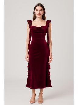 Cider - Velvet Cowl Neck Solid Ruffle Hem Maxi Dress