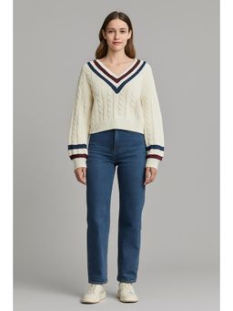 Cider - Cable Knit V-neck Solid Contrasting Binding Long Sleeve Top
