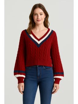 Cider - Cable Knit V-neck Solid Contrasting Binding Long Sleeve Top