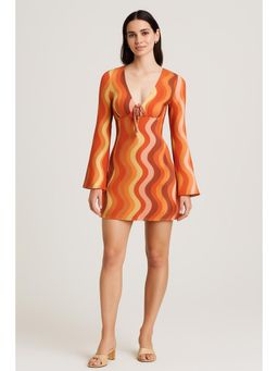 Cider - Mesh V-neck Abstract Wave Knotted Mini Dress