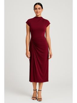 Cider - High Neck Solid Twist Ruched Split Maxi Dress