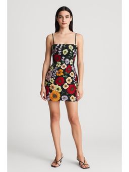 Cider - Jacquard Square Neck Colorful Floral Embroidery Mini Dress
