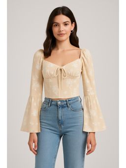 Cider - Sweetheart Neckline Floral Corset Knotted Bell Sleeve Crop Blouse