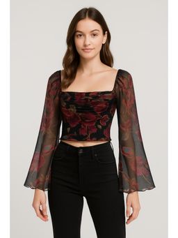 Cider - Mesh Square Neck Floral Lettuce Trim Ruched Bell Sleeve Crop Top