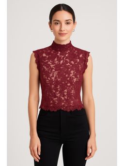 Cider - Lace Mandarin Collar Floral See-through Tank Top