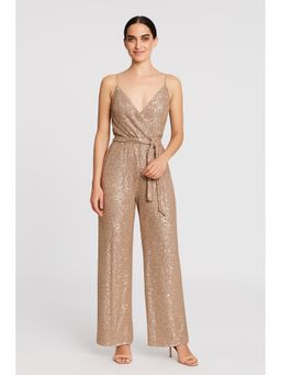 Cider - Sequin V-neck Solid Belted Wide Leg Jumpsuit
