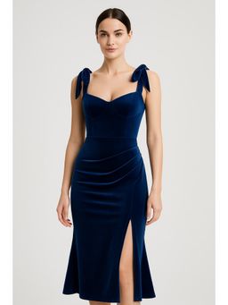 Cider - Velvet Sweetheart Neckline Split Ruched Knotted Maxi Dress