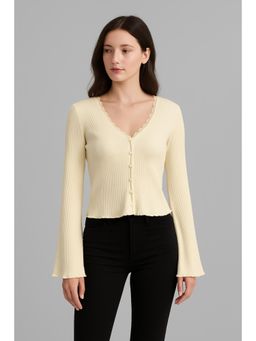 Cider - V-neck Solid Lace Lettuce Trim Long Sleeve Crop Top