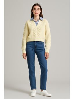 Cider - Cable Knit Collar Two Tone Long Sleeve Top