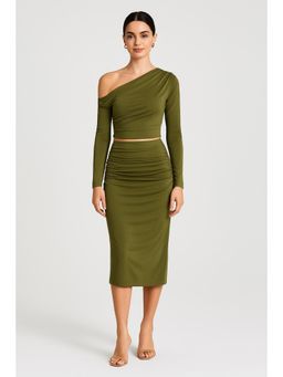 Cider - Asymmetrical Neck Long Sleeve Crop Top & Mid Rise Ruched Maxi Skirt