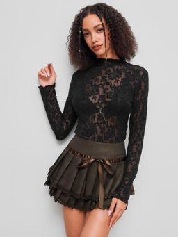 Cider - Lace High Neck Lettuce Trim Long Sleeve Top