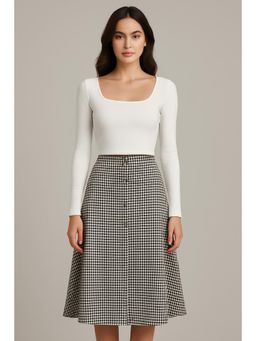 Cider - Square Neck Solid Long Sleeve Crop Top & Mid Rise Gingham Button Maxi Skirt Set