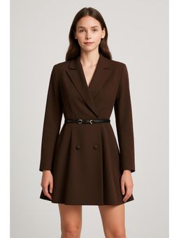 Cider - Notched Collar V-neck Blazer Dress With Belt