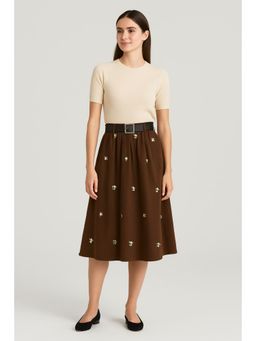 Cider - Corduroy Mid Rise Floral Embroidery Ruffle Pocket Maxi Skirt With Belt