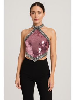 Cider - Sequin Halter Neckline Contrasting Binding Crop Tank Top