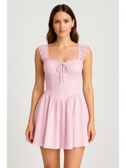 Cider - Sweetheart Lettuce Trim Ruffle Knotted Mini Dress