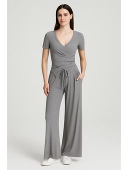 Cider - V-neck Ruched Top & Mid Rise Elastic Waist Knotted Straight Leg Trousers (Set of 2)