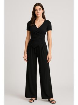Cider - V-neck Ruched Top & Mid Rise Elastic Waist Knotted Straight Leg Trousers (Set of 2)