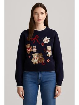 Cider - Knit Round Neckline Bear Bowknot Contrasting Binding Long Sleeve Top