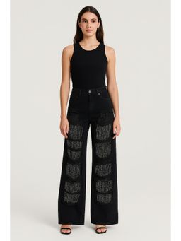 Cider - Denim Low Rise Ripped Hollow Out See-through Wide Leg Jeans