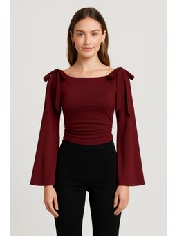Cider - Boat Neck Bowknot Ruched Long Sleeve Top