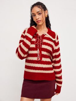 Cider - Knit Collar Striped Knotted Oversized Sweater