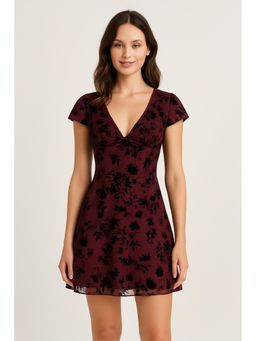 Cider - Mesh V-neck Floral Bow Mini Dress