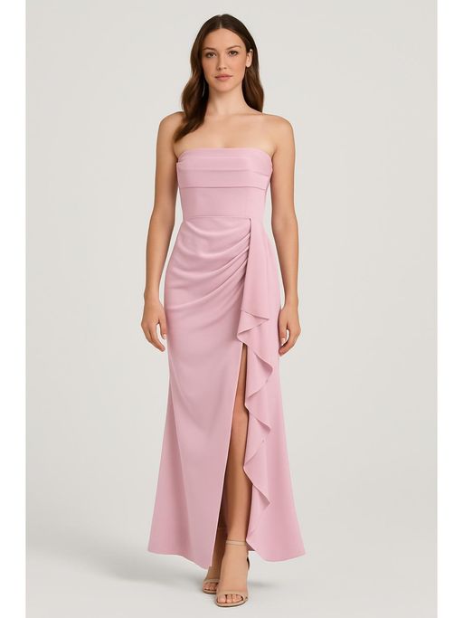 cider pink maxi dress Satin Cowl Neck Solid Ruffle Hem Maxi Dress