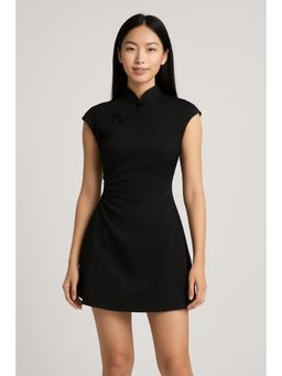 Cider - Satin Mandarin Collar Floral Tie Front Ruched Mini Dress